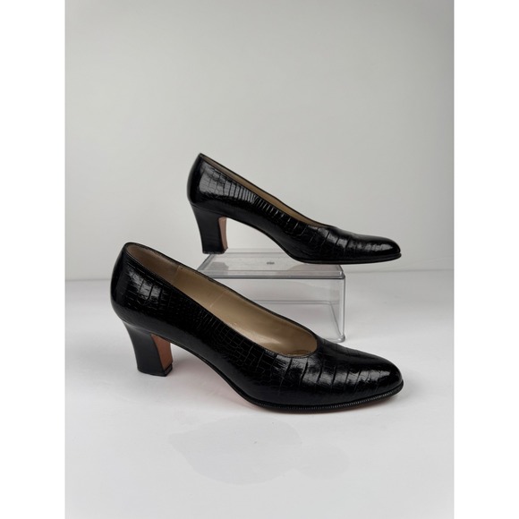 Salvatore Ferragamo Black Leather Block Crocodile Heels Women's 7 AAAA Vintage - Picture 2 of 9